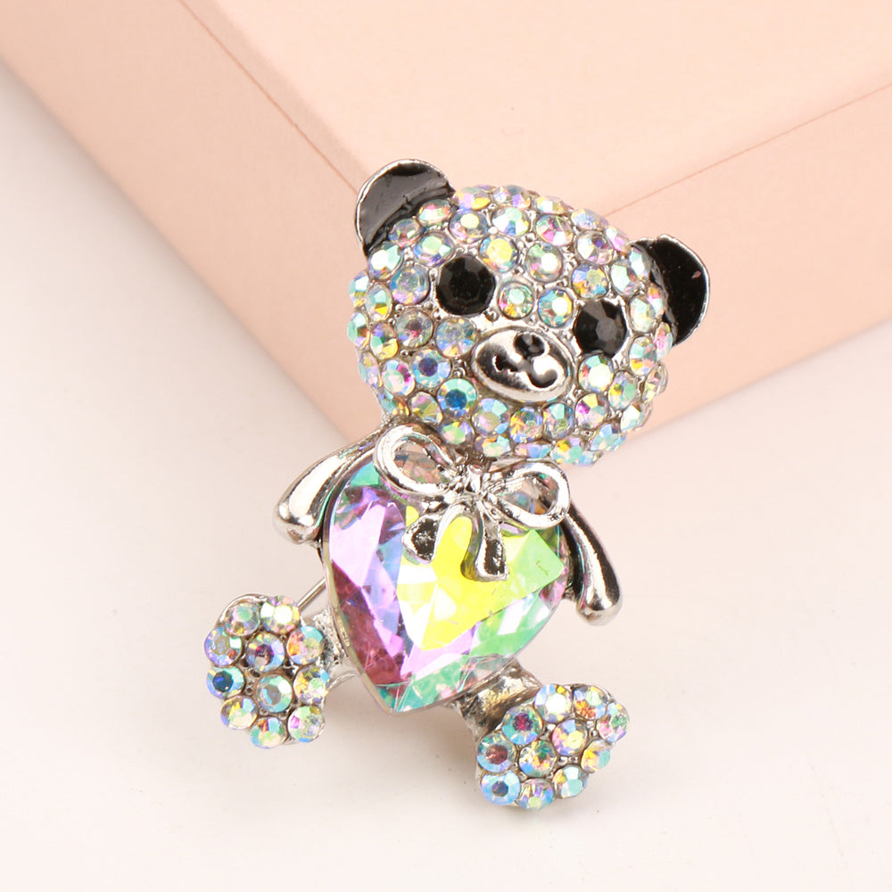 Enamel Bear Brooch with Rhinestones Animal Heart Pin Elegant Fashion Accessory