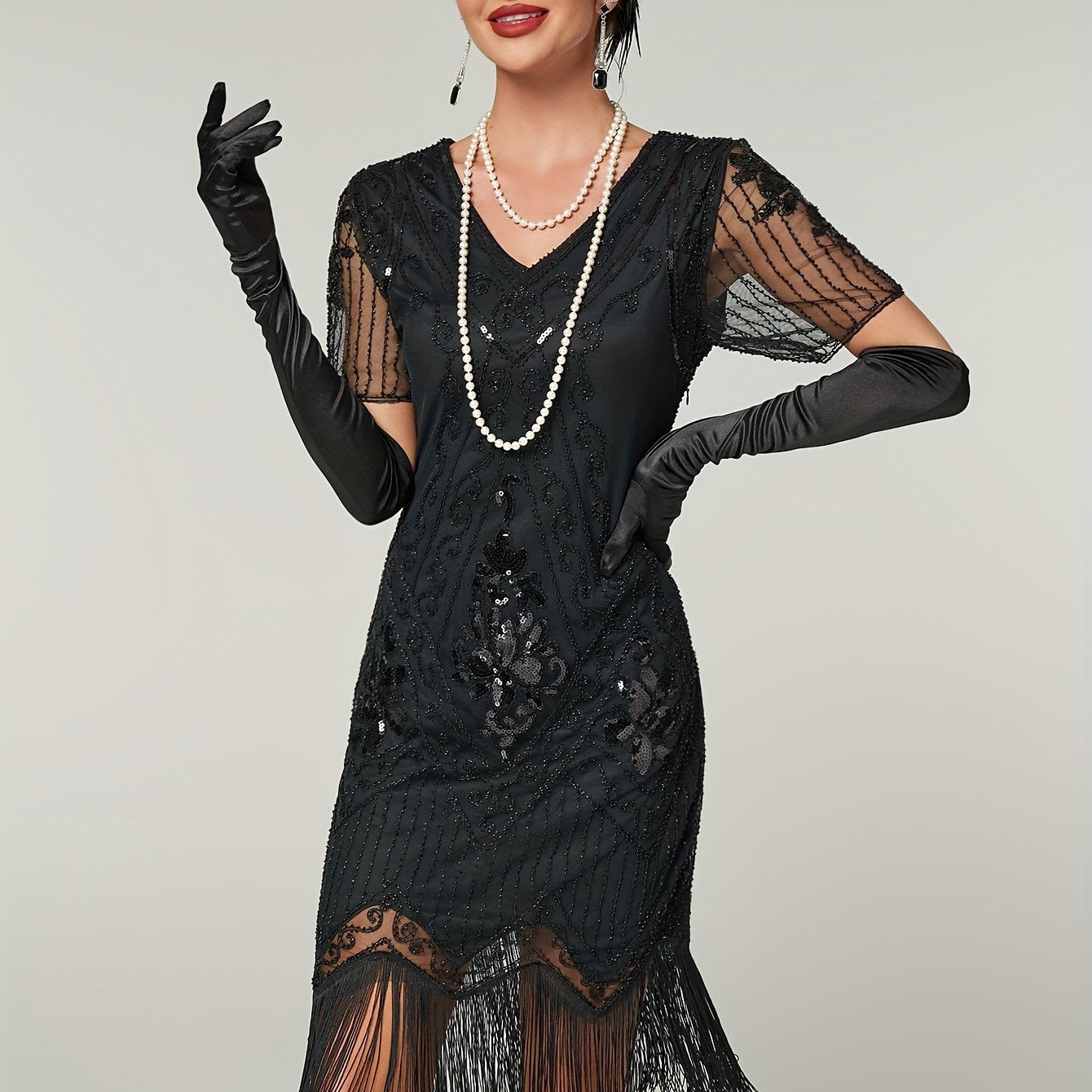 Women's Sequin Flapper Dress Gatsby Style Short Sleeve Party Gown