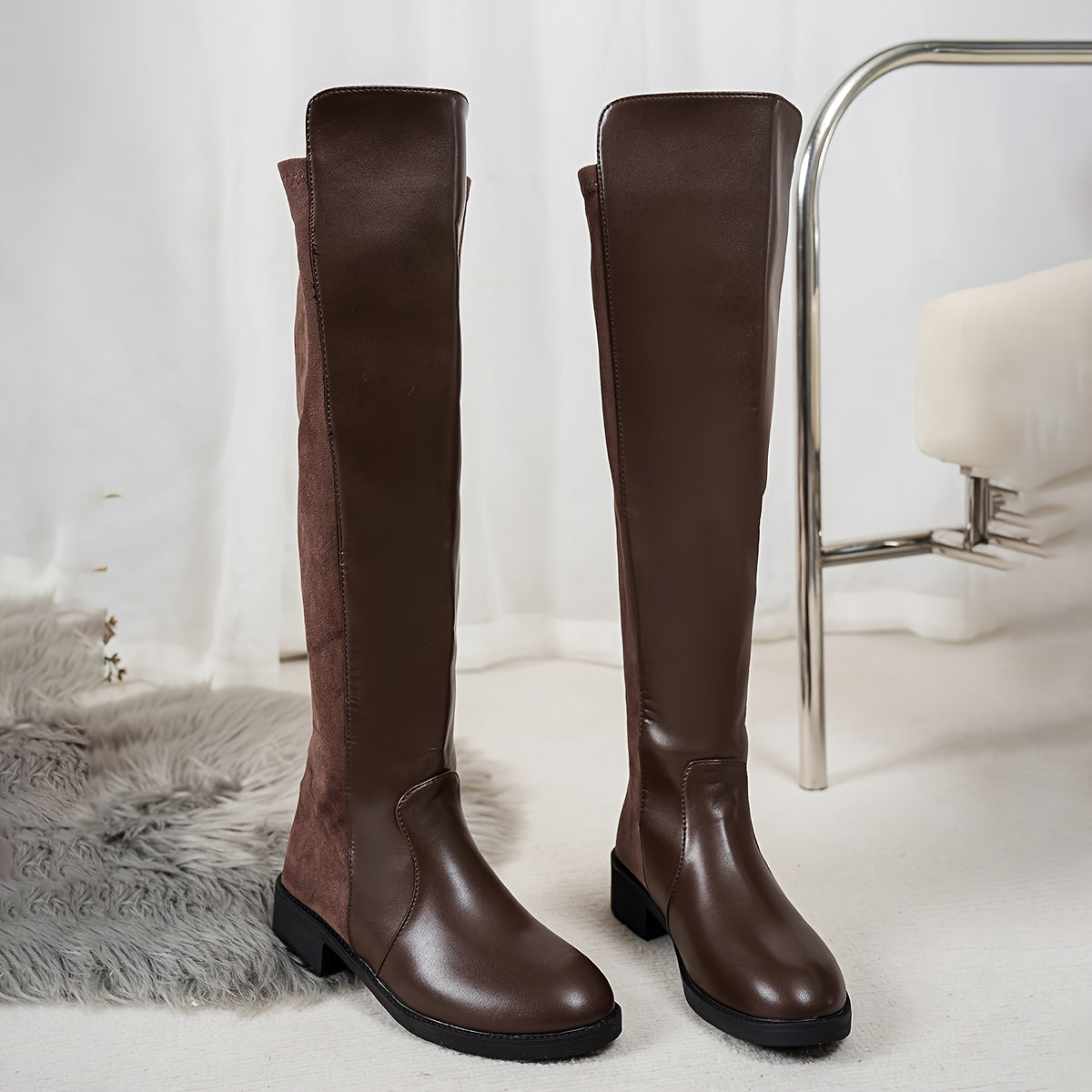 Women's Over-the-Knee Riding Boots Solid Color Equestrian Shoes with Zipper