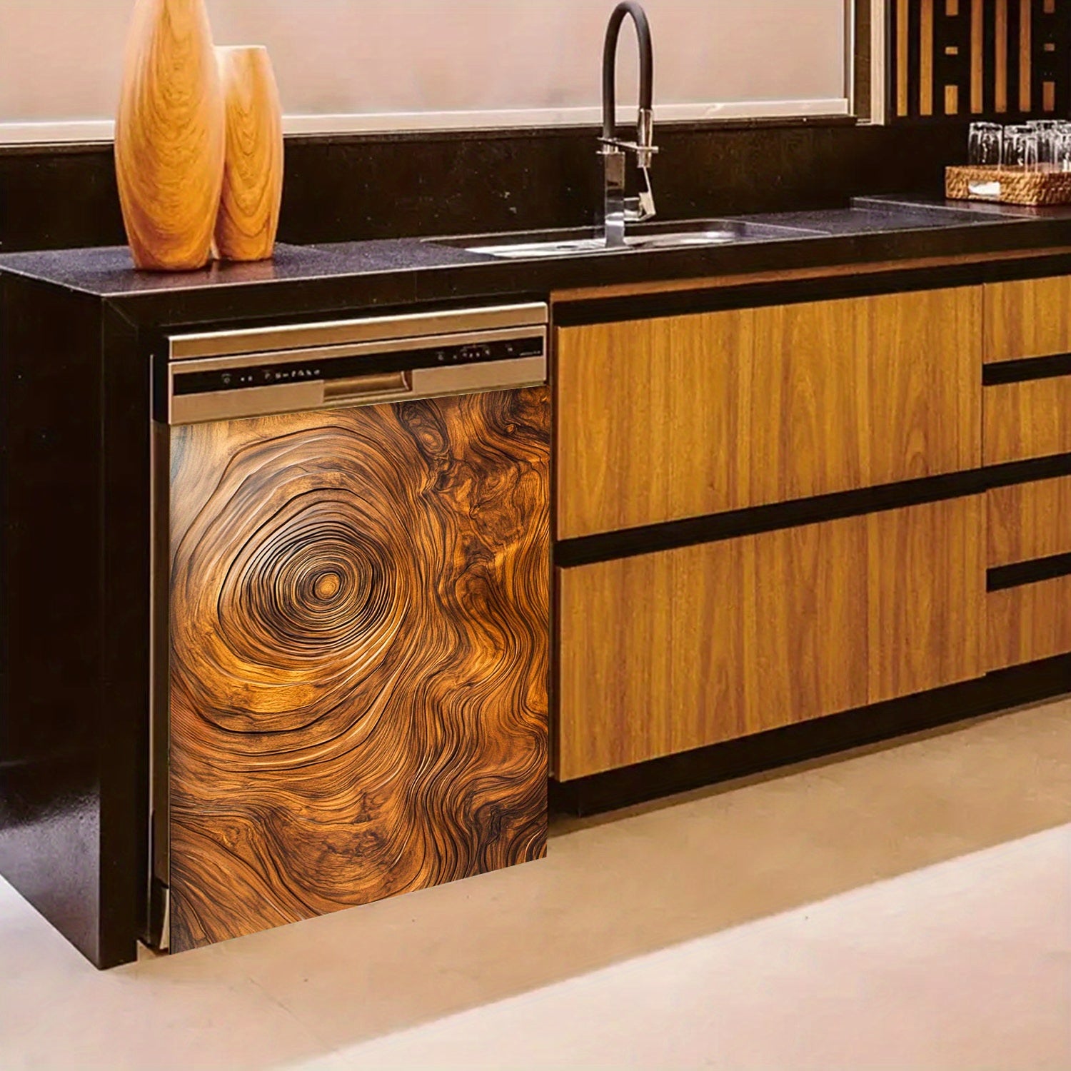 Tabiiy yog'och teksturasi magnitli muzlatgich eshigi qoplamasi, suv o'tkazmaydigan, issiqlikka chidamli, oson tozalanadi, 58.5x65 sm