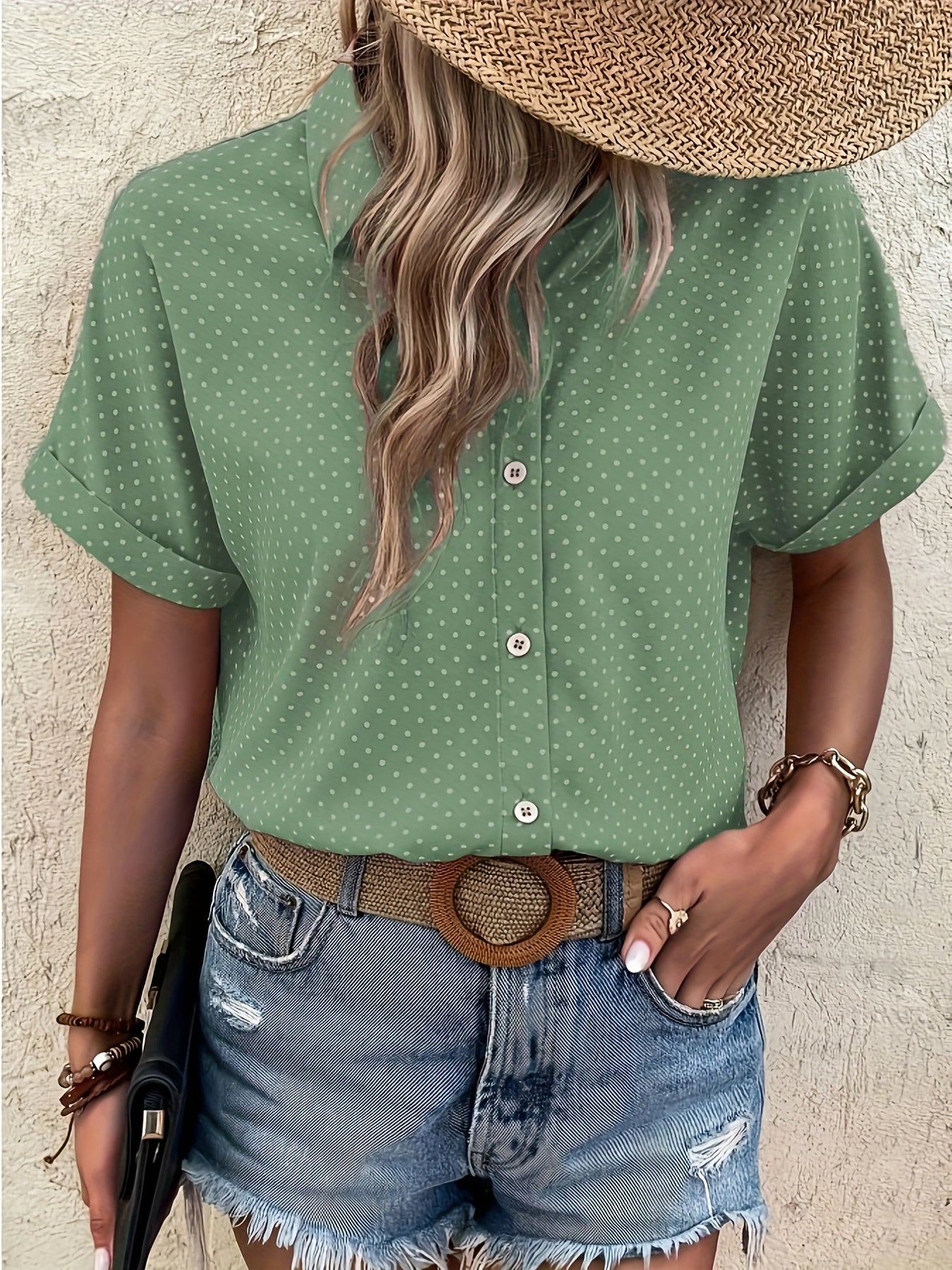 Women's Light Blue Polka Dot Batwing Sleeve Shirt Casual Summer Blouse