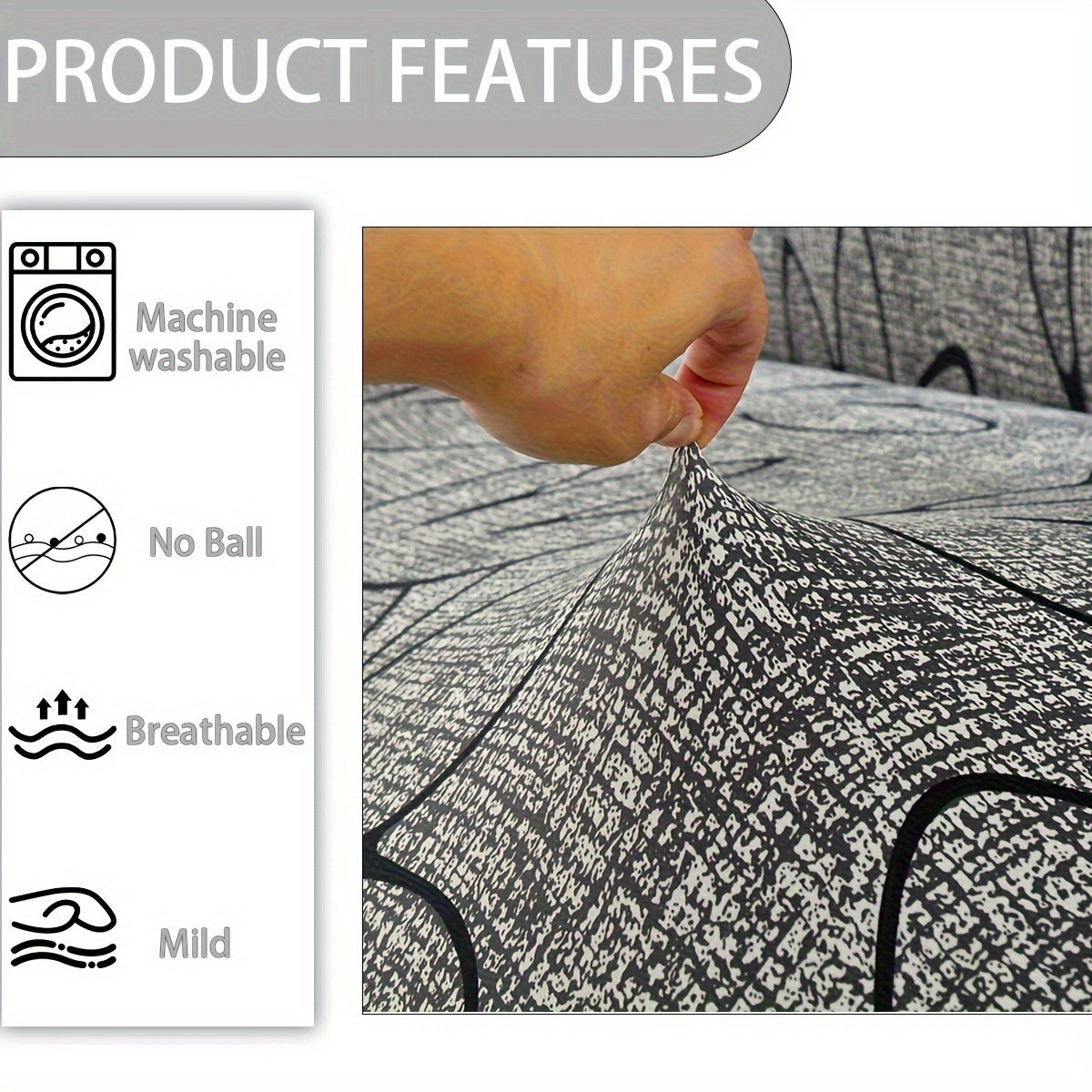 Серая бохо-стильная чехол для дивана с юбкой, машинная стирка, подходит для использования в любое время года. Изготовлен из полиэстерового спандекса, идеален для декора гостиной, спальни или офиса.