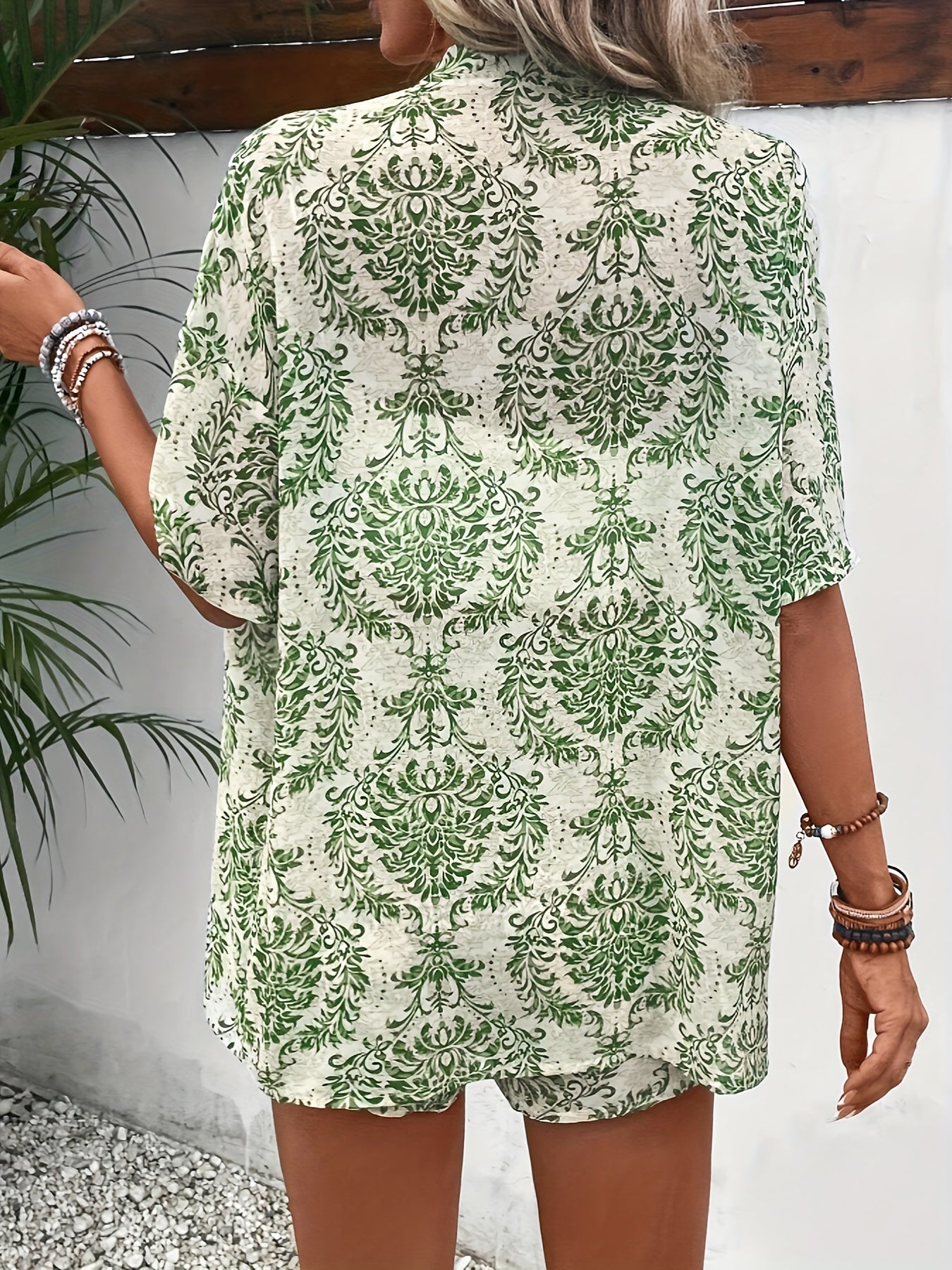 Women's Damask Print Shorts Set with Open Front Blouse and Tied Waist Shorts