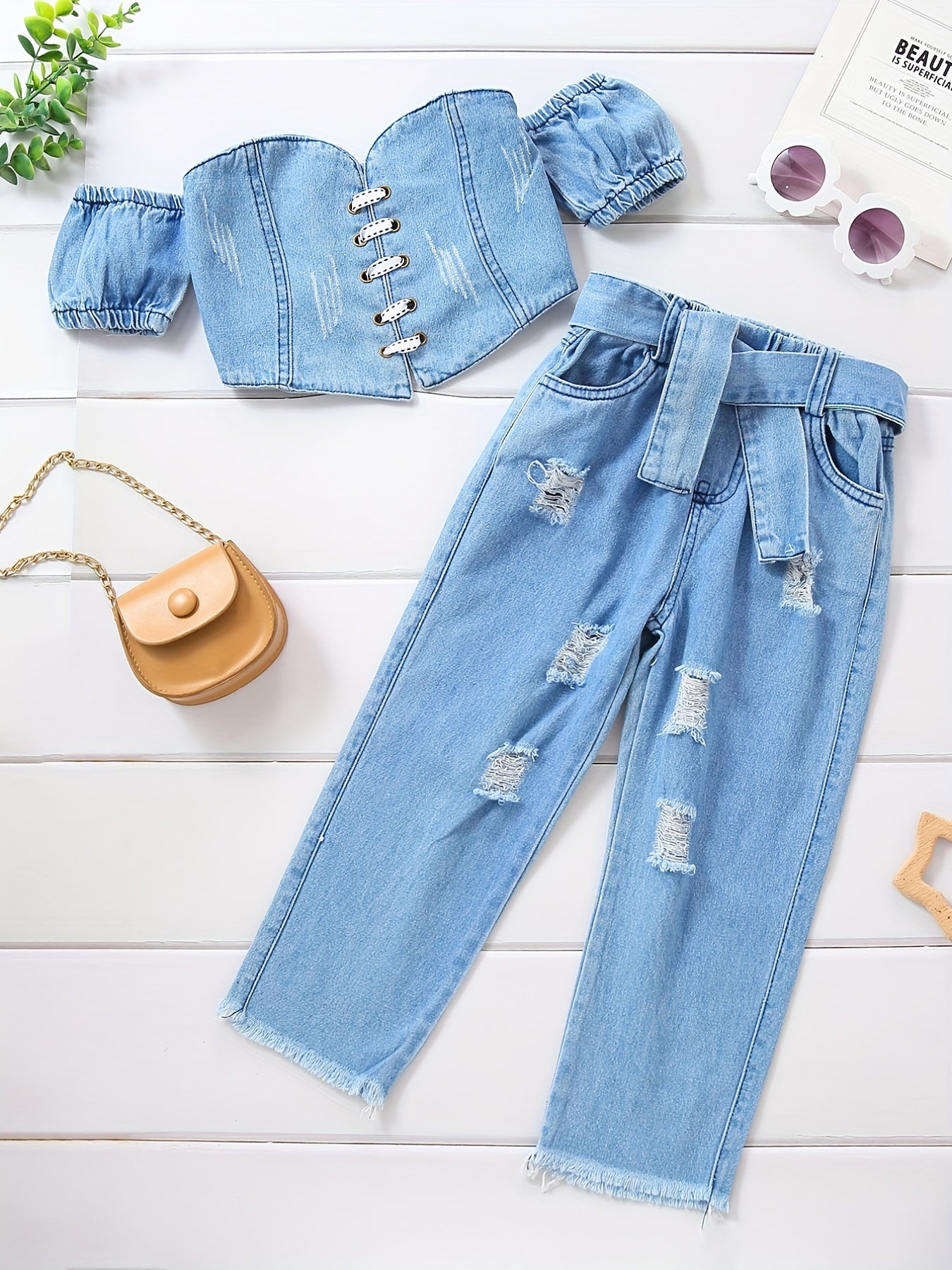 Toddler Girls Denim Set with Ripped Jeans and Tube Top for Summer Outdoor Wear