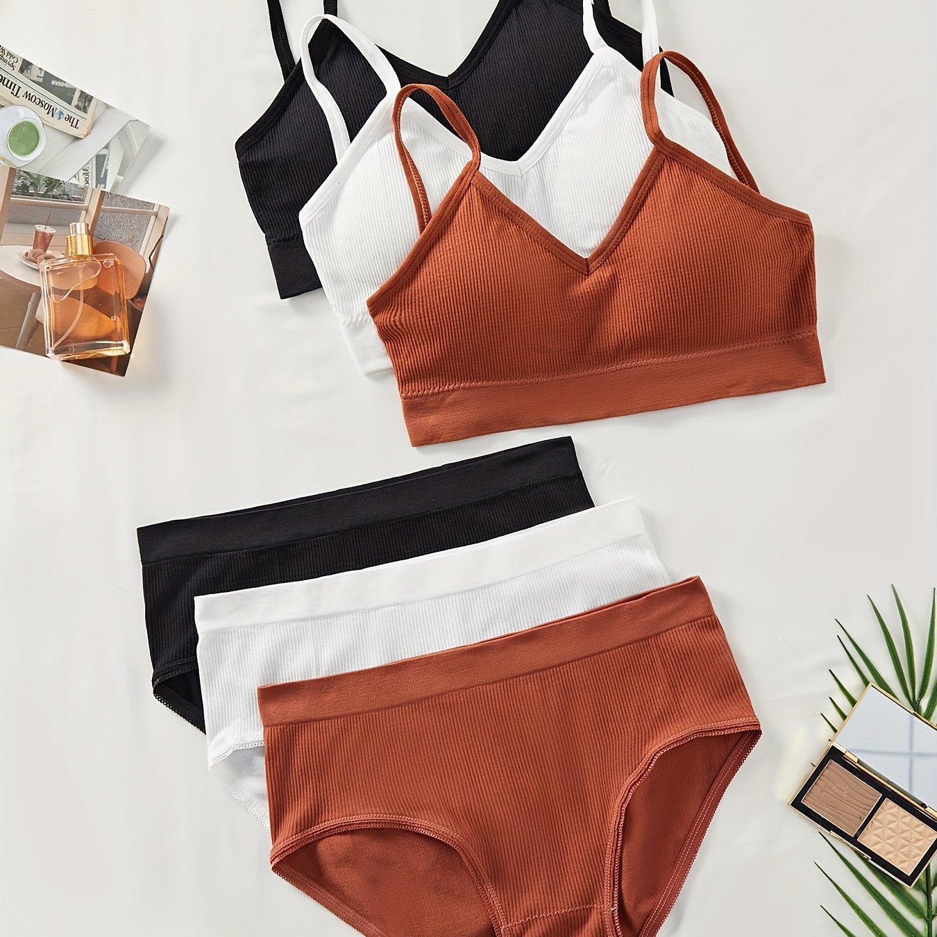 Women's Ribbed Lingerie Set Cami Bra and Panties Three Piece