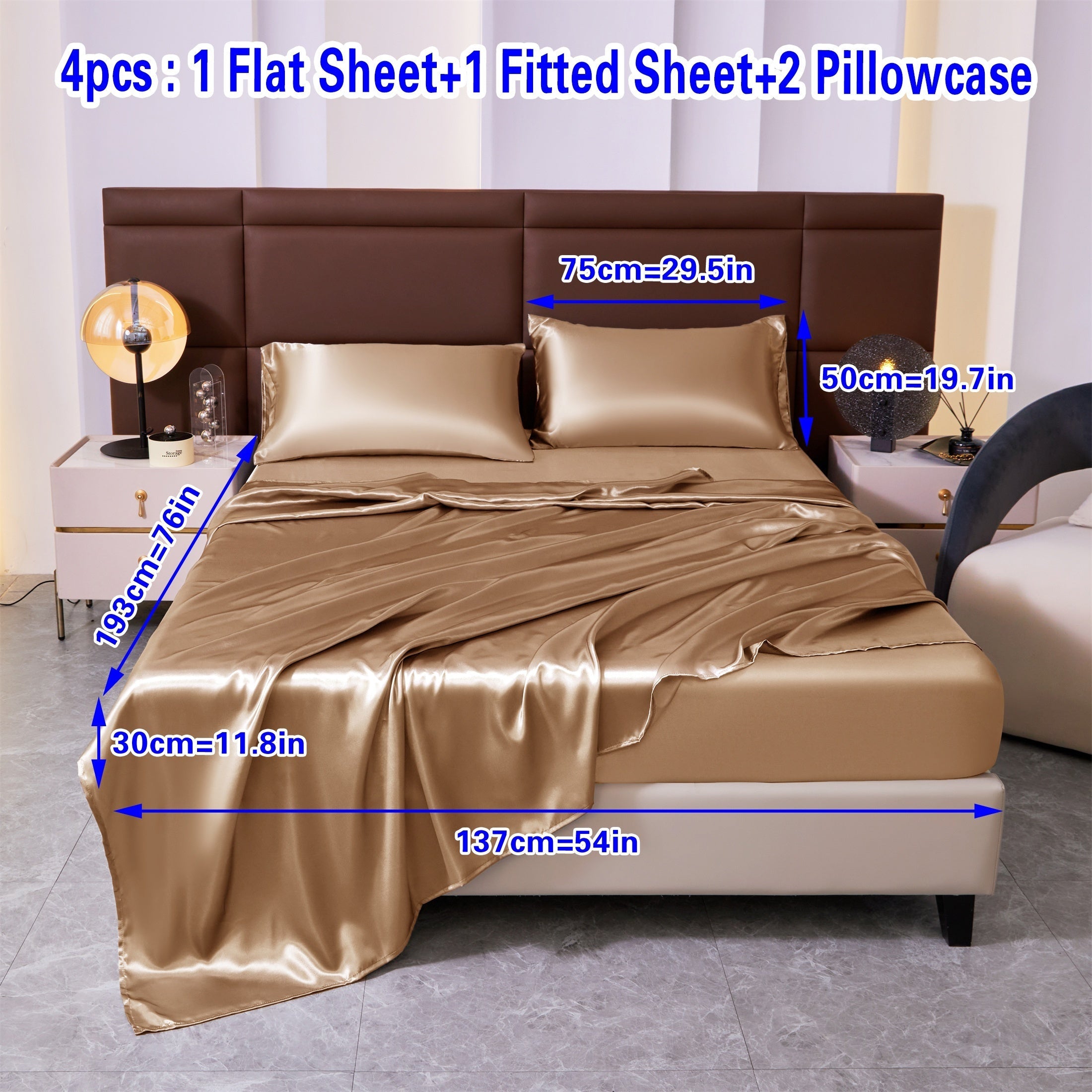 Set of Four Colored Bed Skirt, Sheet, and Pillowcase Bedding Set