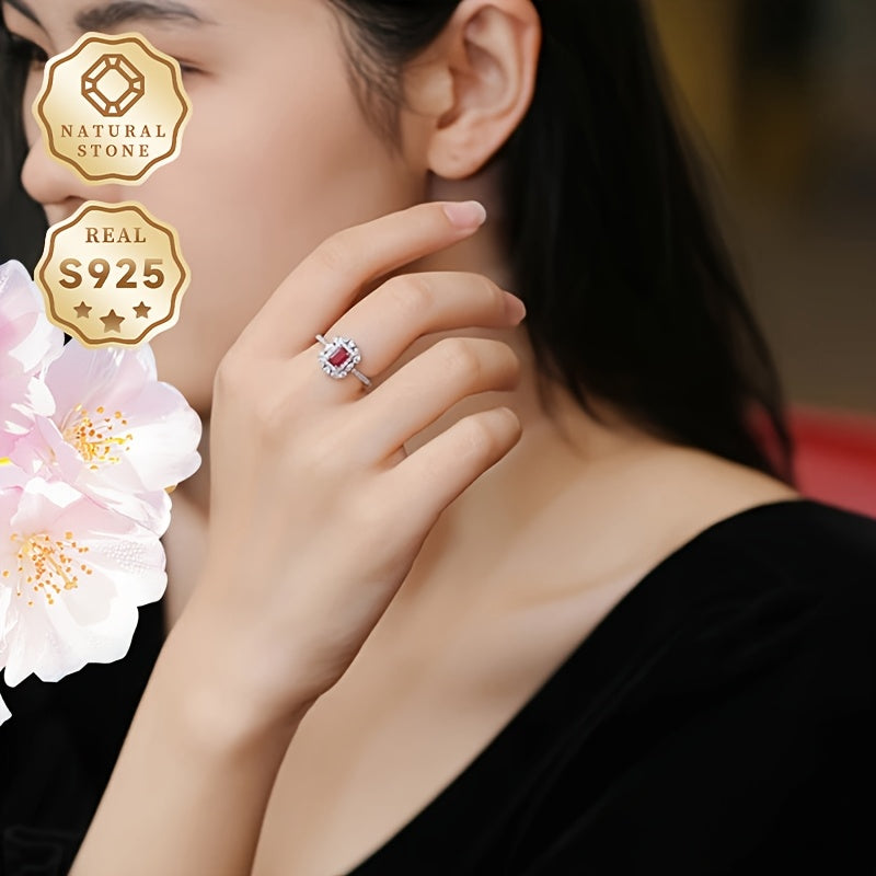 Women's Adjustable Silver Ring with Natural Red Stone Jewelry Gift