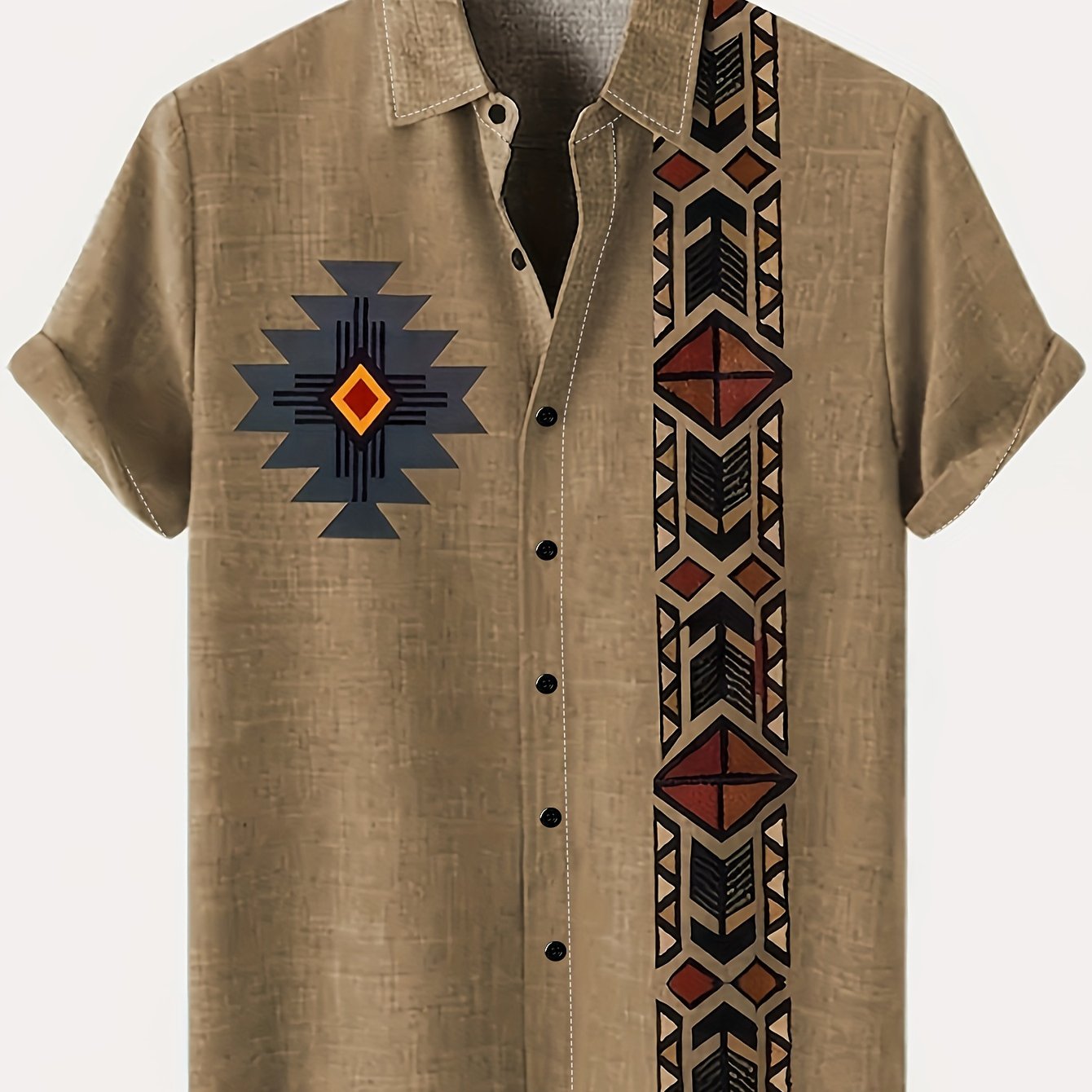 Men's Khaki Casual Shirt with Tribal 3D Print Short Sleeves Geometric Pattern Polyester