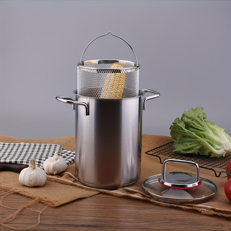 Stainless Steel Fryer Pot with Basket, Versatile Deep Soup Cooker for Frying and Boiling