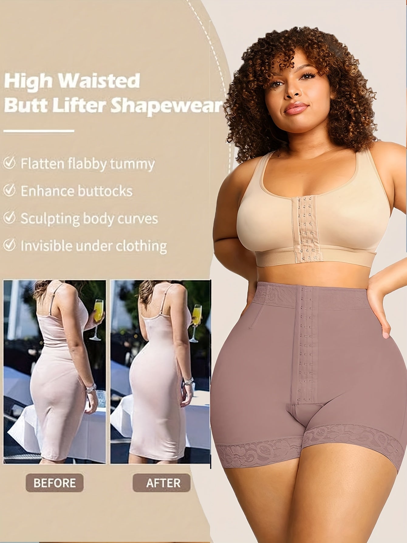 Women’s Beige High-Waisted Shapewear Shorts with Tummy Control and Butt Lifter