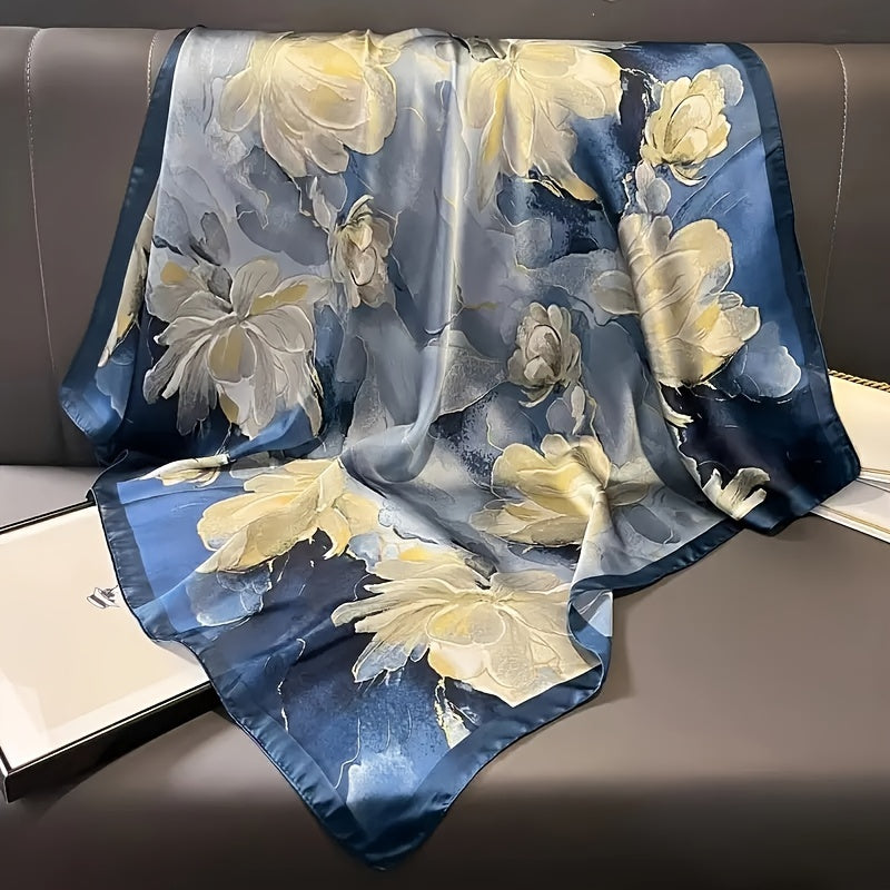 Women’s Blue Floral Square Scarf 89.99cm Bohemian Sun Protection Wind Resistant