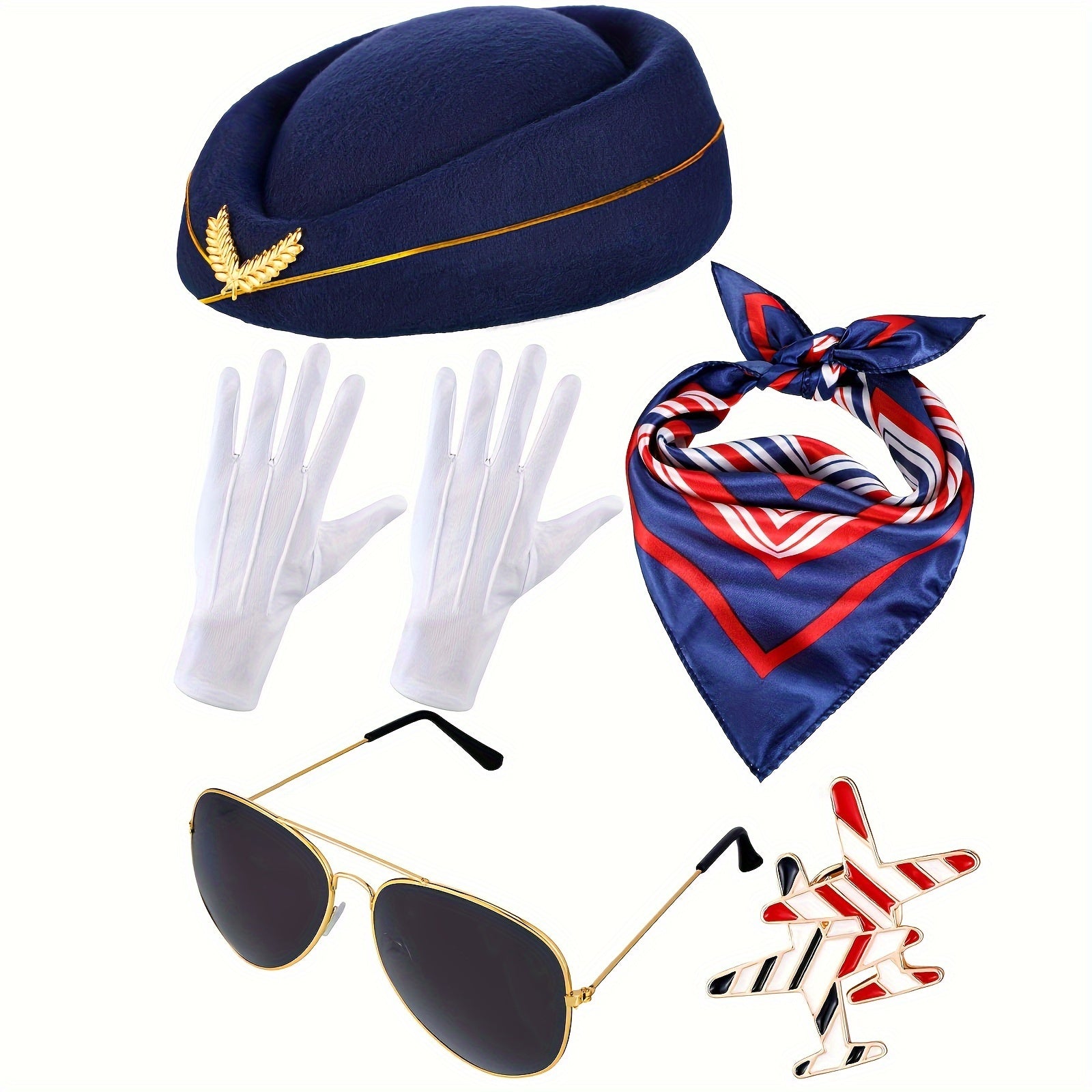 Women's Flight Attendant Costume Accessories Set with Hat Glasses Scarf Gloves