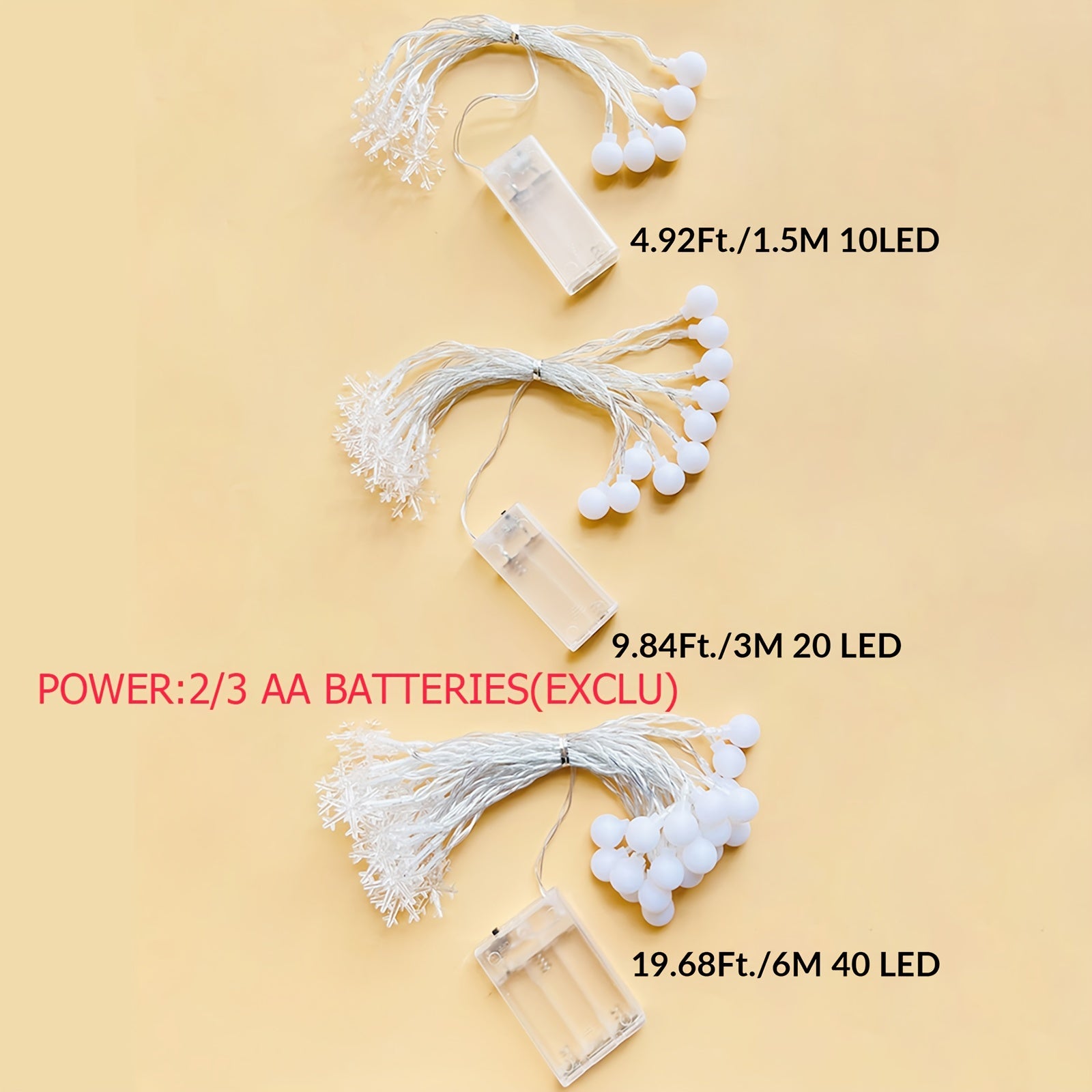 Luces de cadena de bolas blancas de copo de nieve para Navidad, decoración de árbol interior