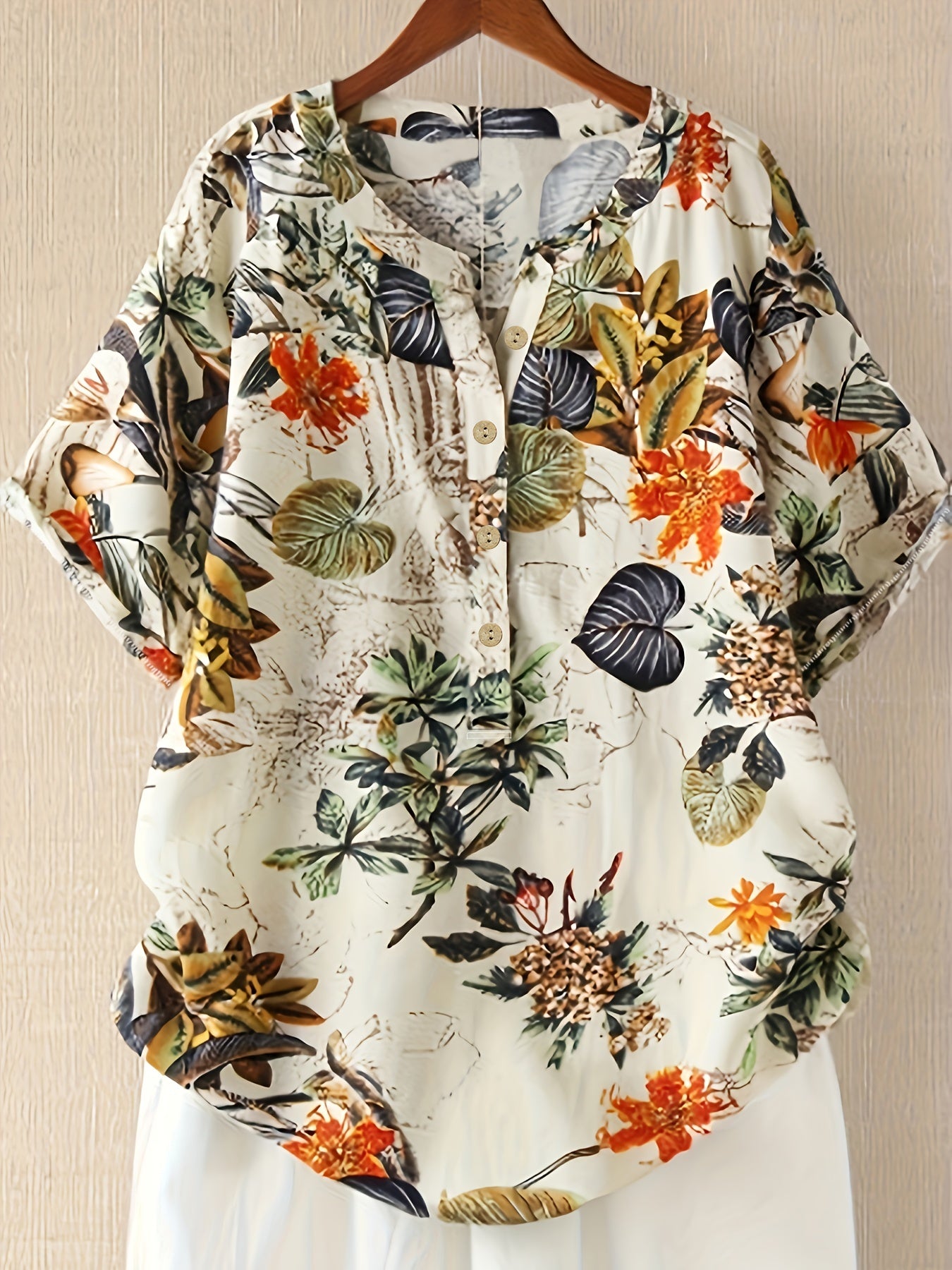 Plus Size Women's Cotton Long Sleeve Floral Blouse Casual Button-Up Shirt