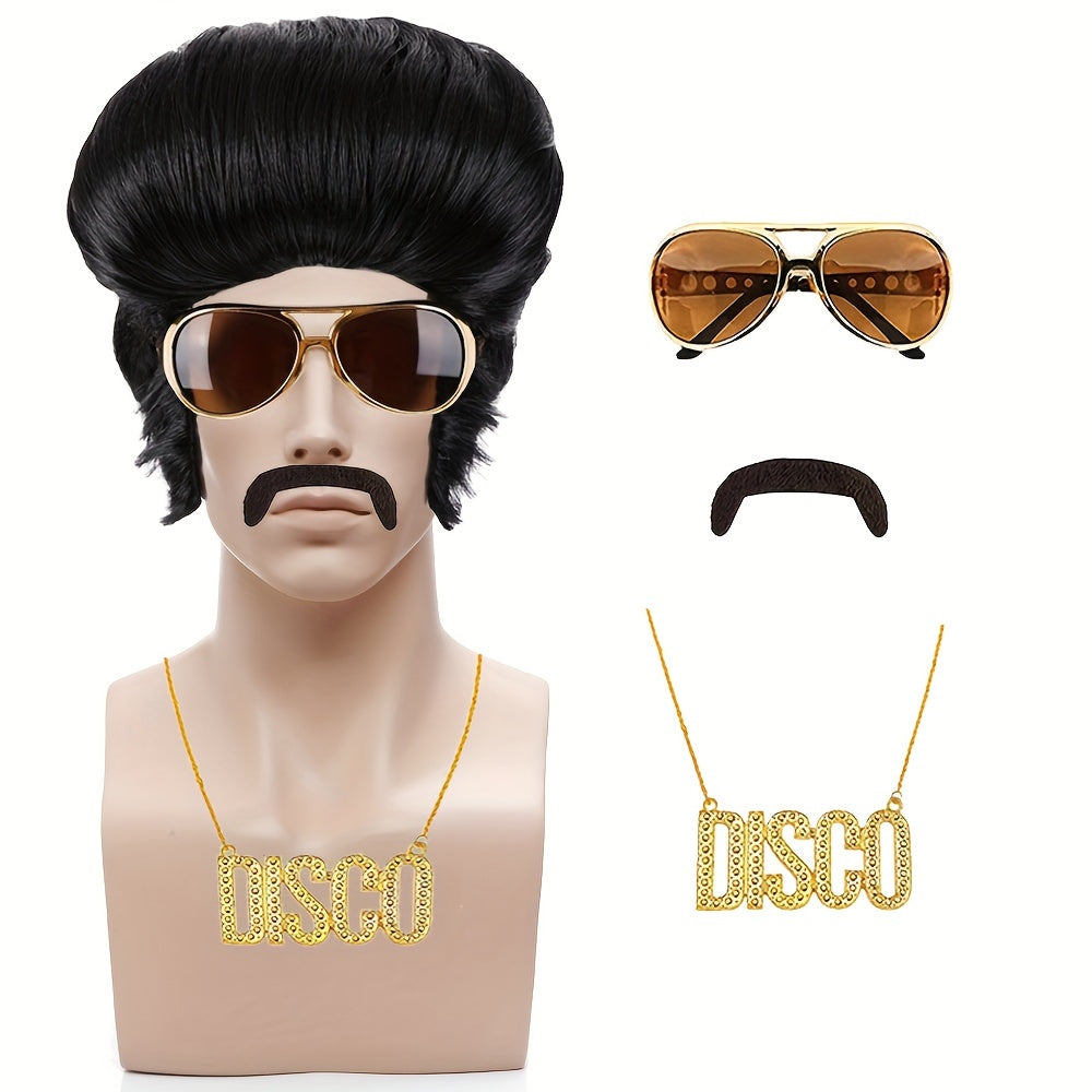 Set of 4 Nylon Coily Hair Wigs for Men with Glasses Mustache and Disco Necklace