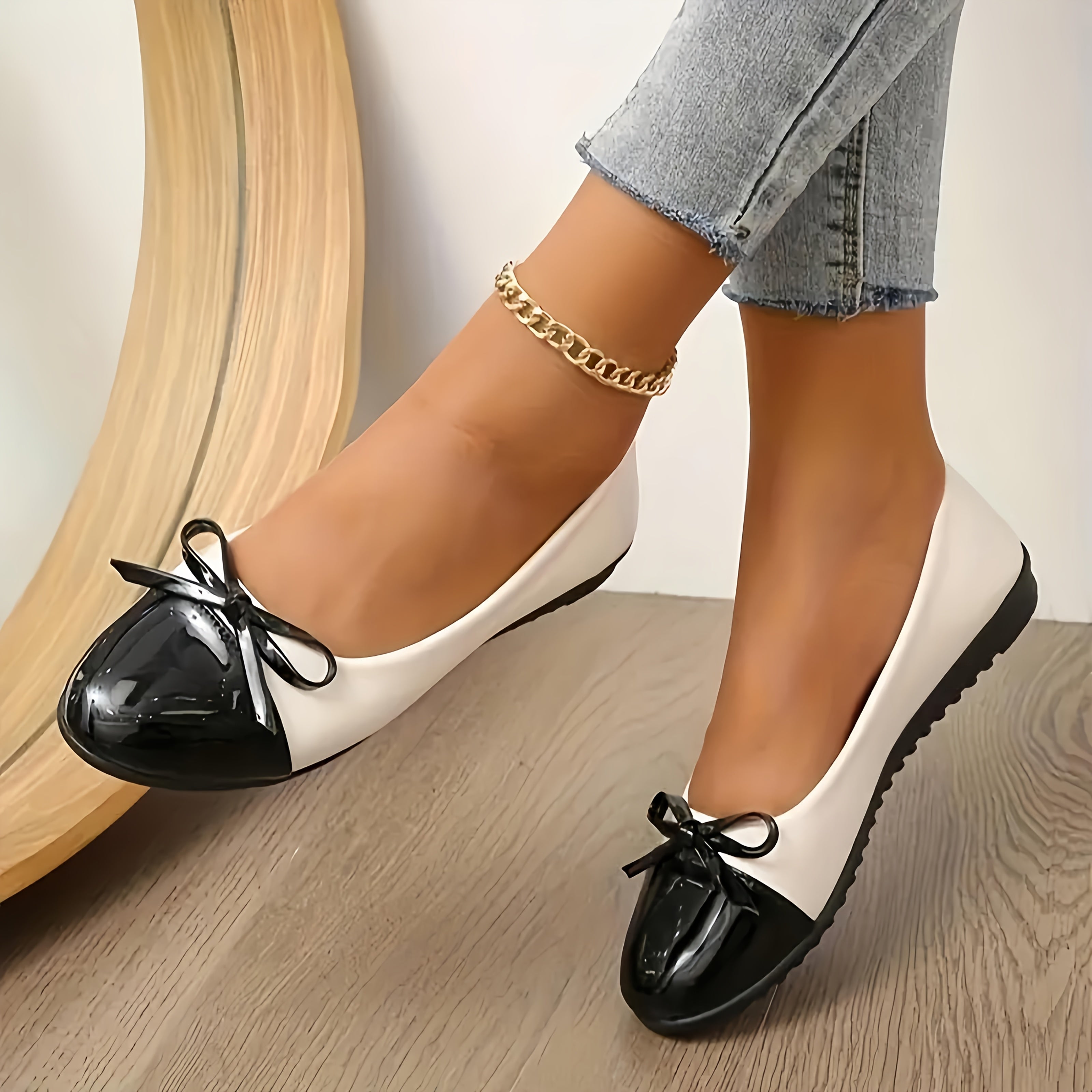 Women's Black TPU Ballet Flats with Bow, Lightweight Slip-On, All-Season