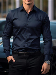 Men's Slim Fit Formal Shirt Long Sleeve Solid Polyester for All-Season