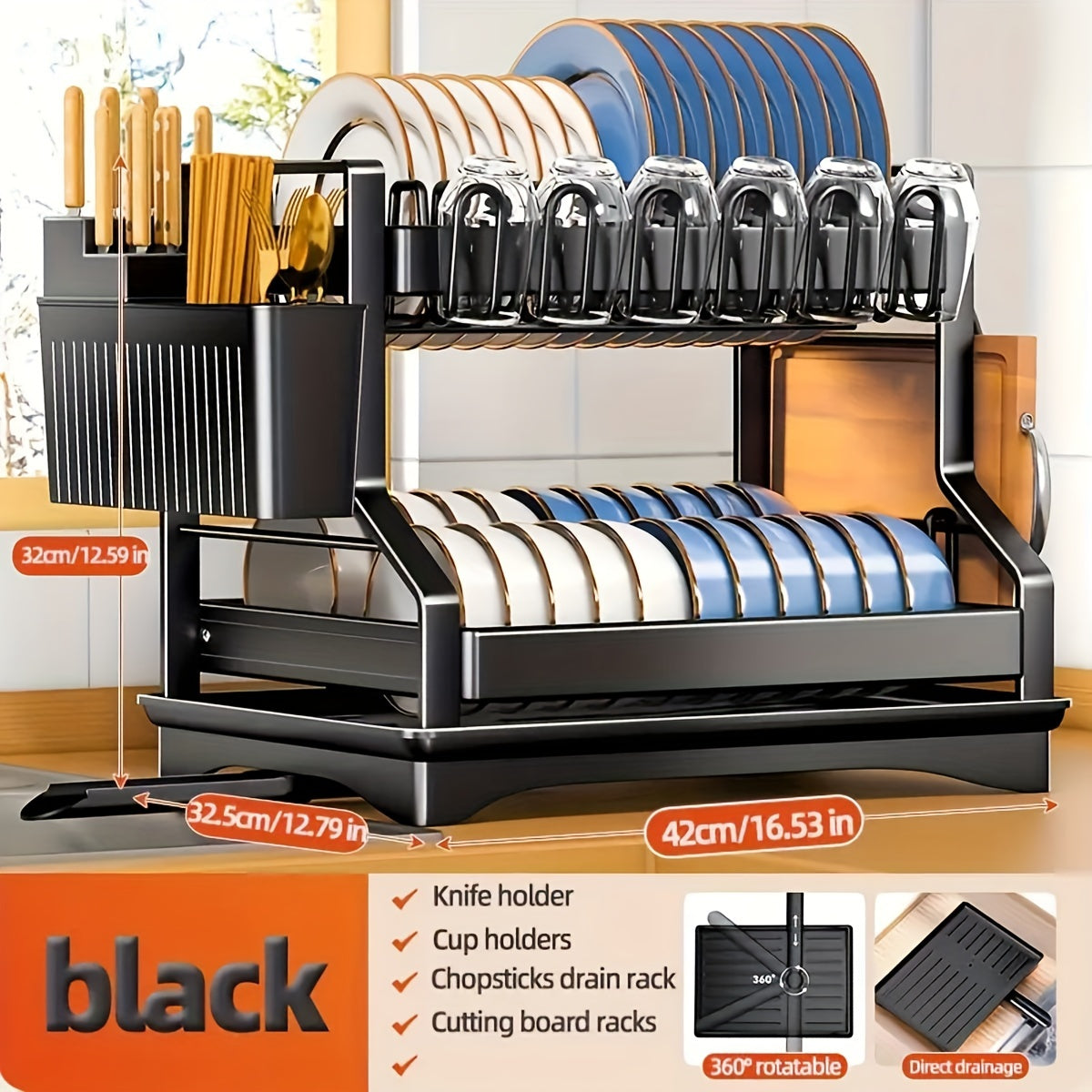 Iron Kitchen Dish Rack with Drainboard for Dishes Bowls Cups and Utensils