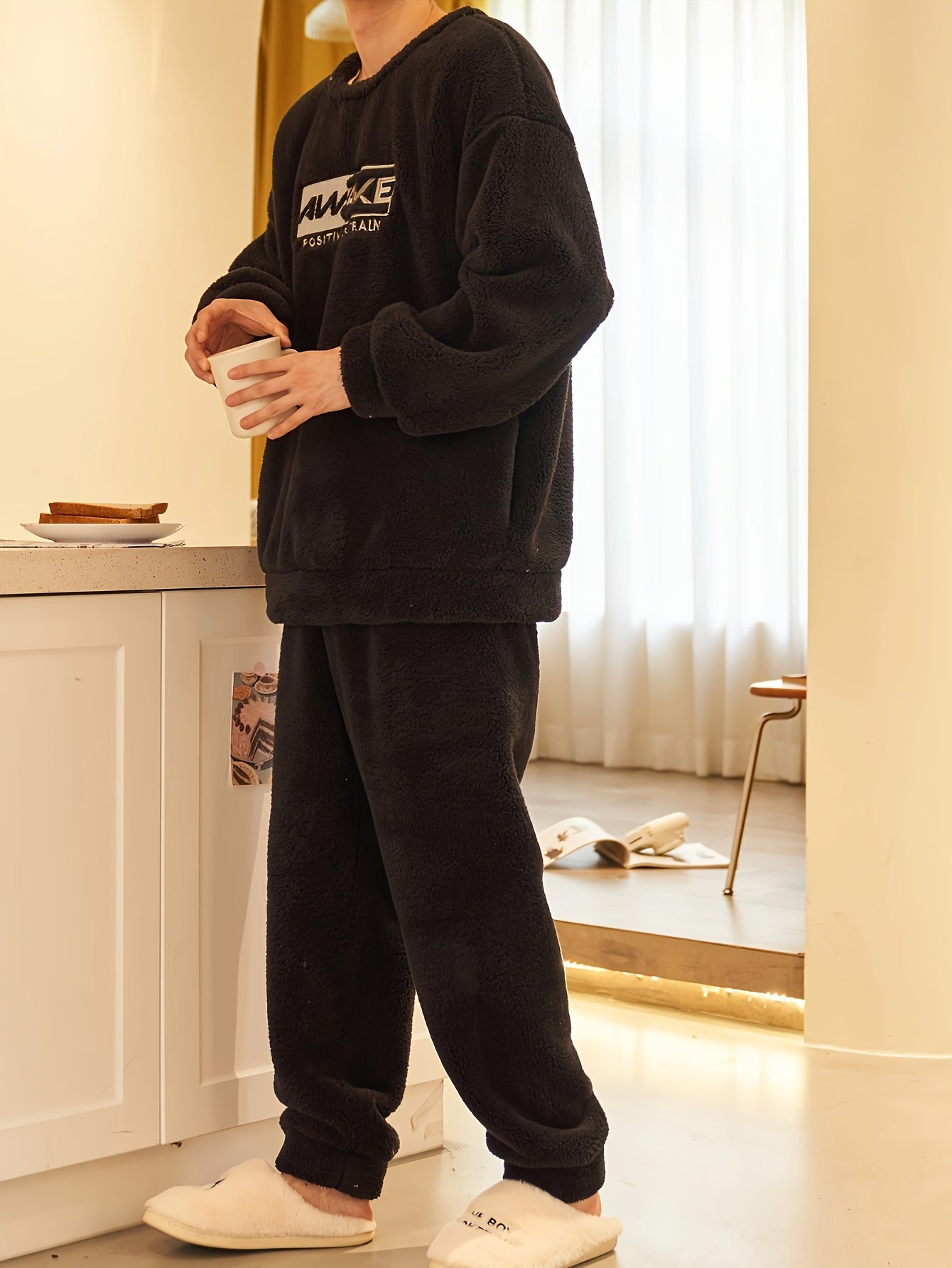 Men's Coral Velvet Pajama Set for Winter with Embroidered Alphabet Pattern