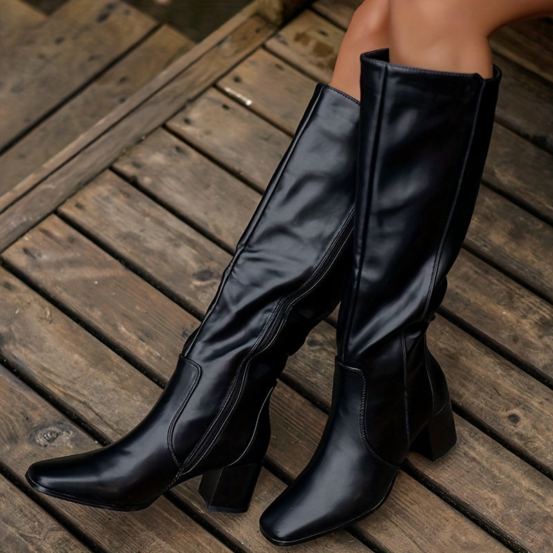 Женские сапоги до колена с средней массивной каблуком, высокой квадратной ноской и молнией
