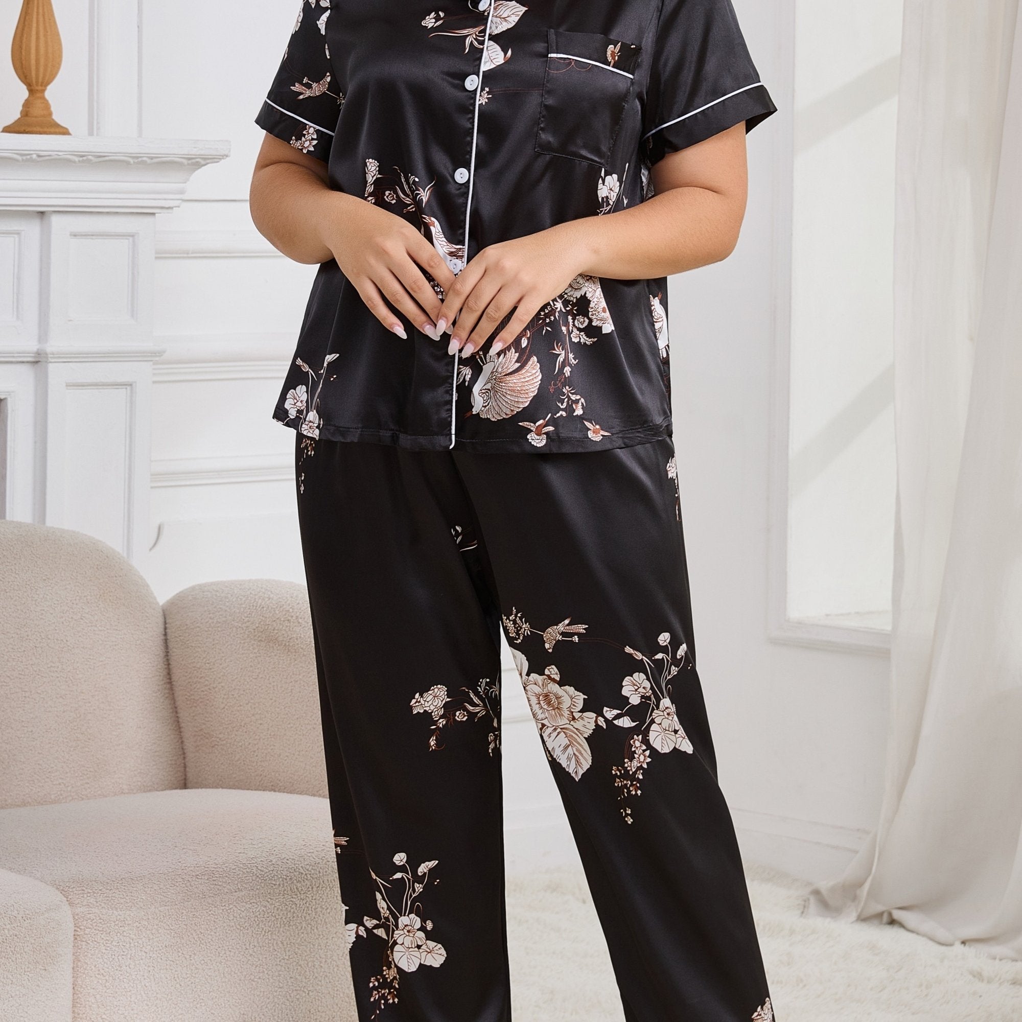 Women's Plus Size Satin Floral Print Pajama Set Short Sleeve Long Pants