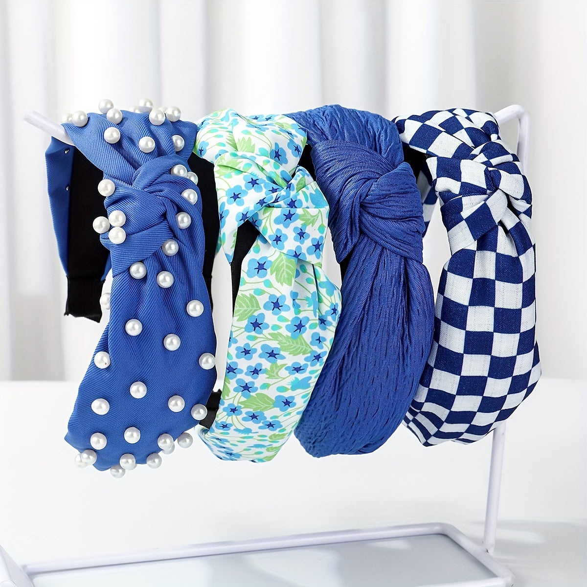 Set of 4 Women's Fabric Floral and Polka Dot Knotted Headbands with Faux Pearl Details