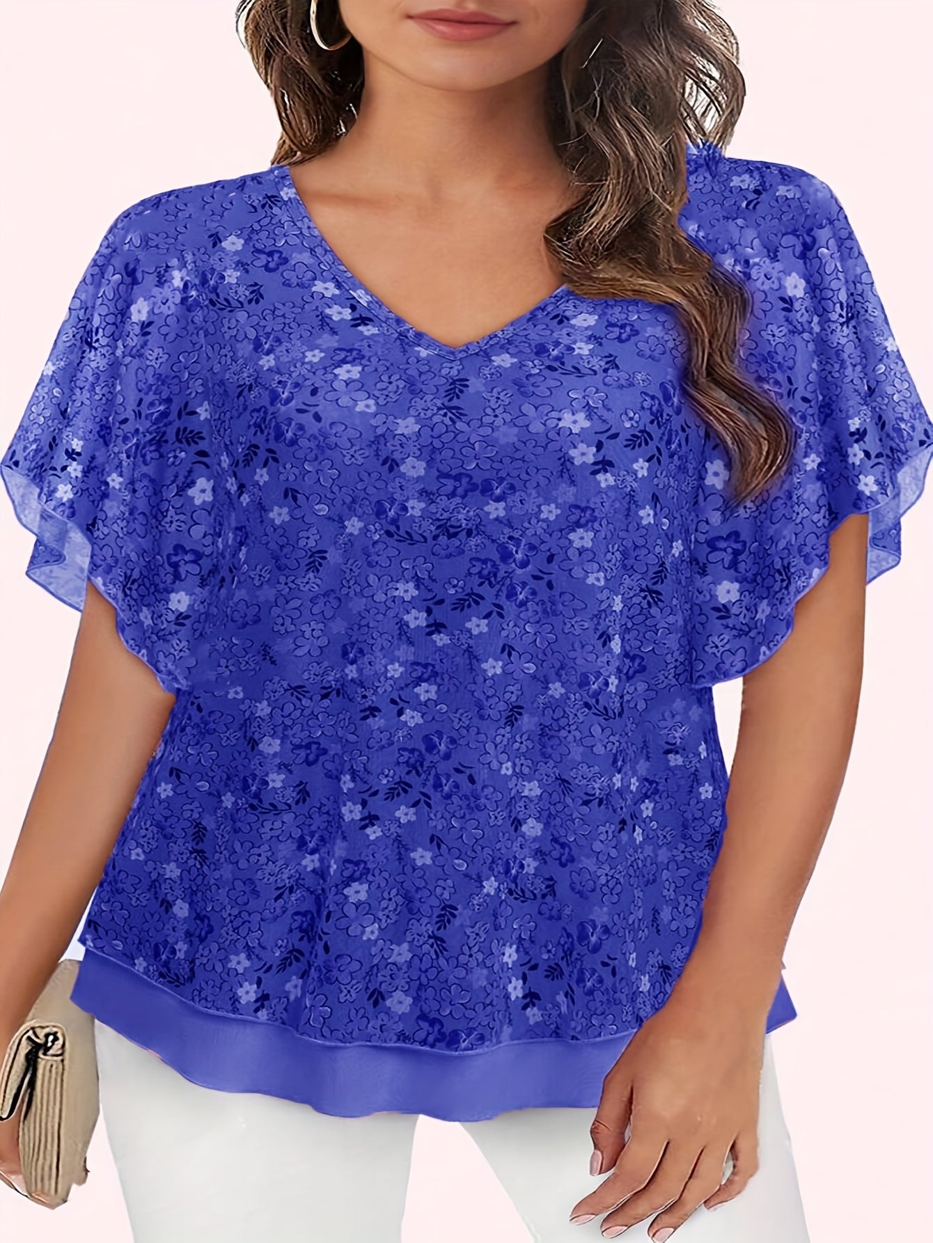Plus-Size Floral Mesh V-Neck Shirt for Curvy Women Flutter Sleeves