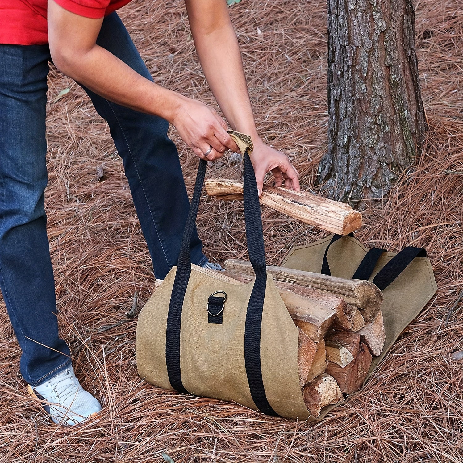 Heavy Duty Firewood Carrier Bag with Handles for Camping and Fireplace Storage