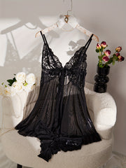 Women's Floral Lace Lingerie Set with Split Cami Slip Dress and Lace Brief
