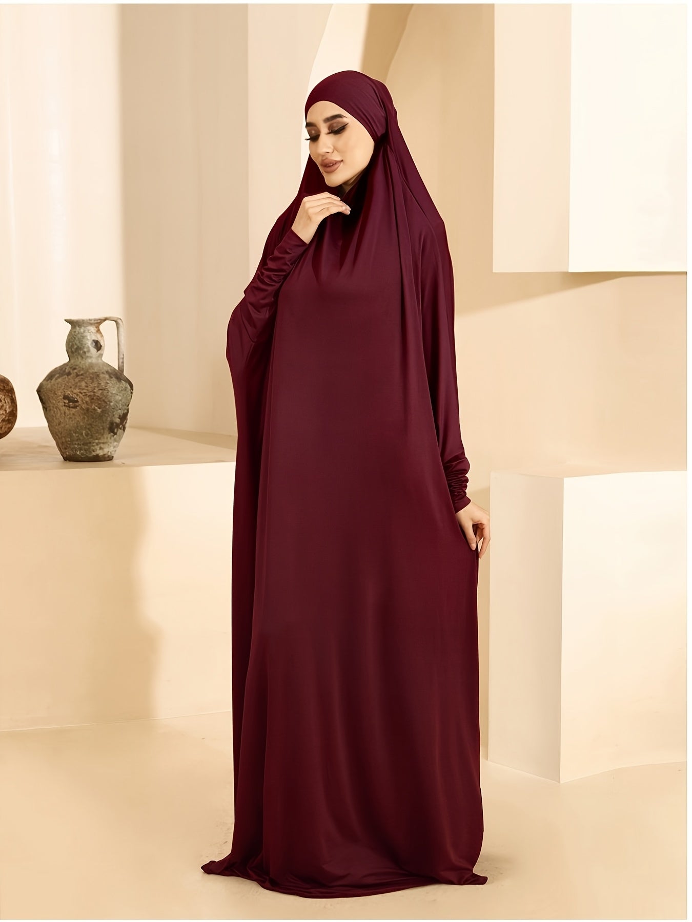 Plus Size Women Jersey Ramadan Abaya Batwing Sleeve Solid Color Islamic Dress