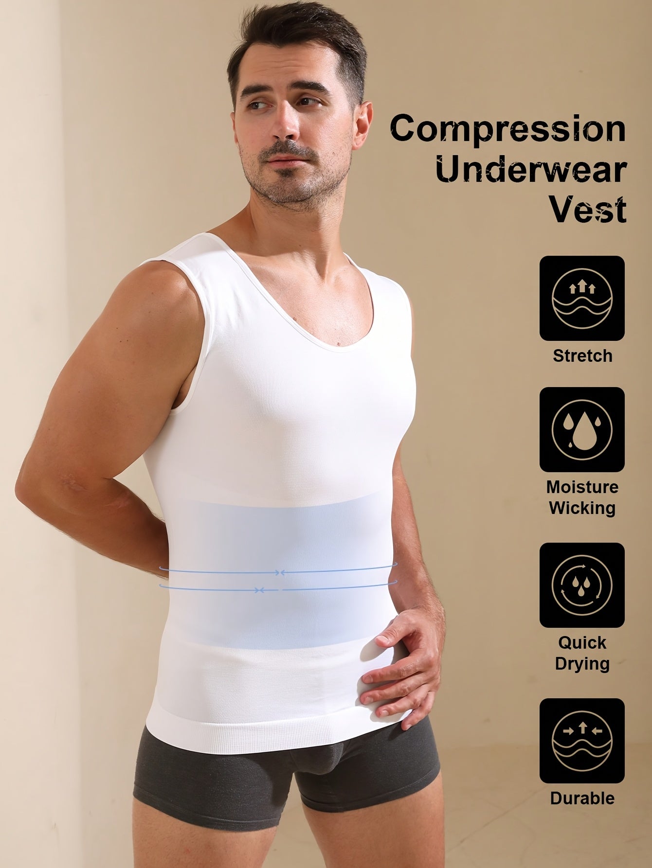 Men's Compression Tank Top High Stretch Knit Crew Neck Sleeveless Tummy Control Moisture-Wicking