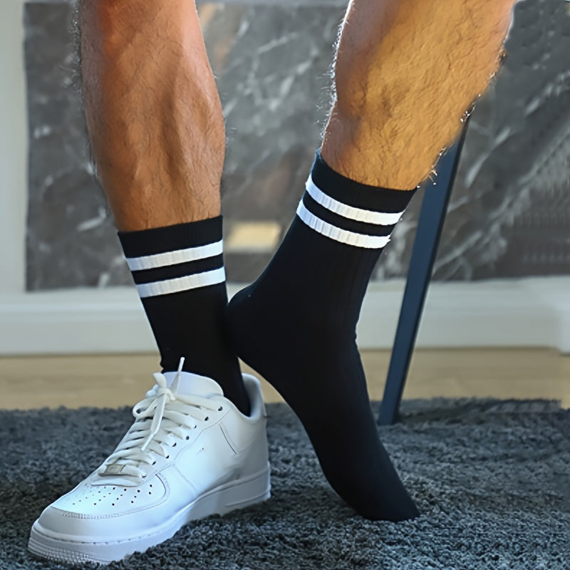 Men's Striped Crew Socks 6 Pairs Breathable Polyester Spandex All-Season