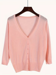 Plus Size Women's Lightweight V-Neck Cardigan with 3/4 Sleeves in Pastel Pink