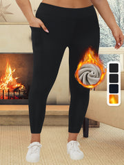 Plus Size Women Plush High Waist Pants With Side Pocket Warm Winter