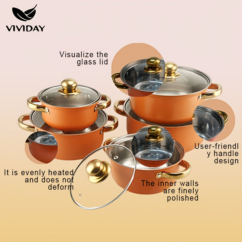 Stainless Steel Induction Cookware Set 10 Pieces with Glass Lids, Nonstick, Suitable for All Stovetops