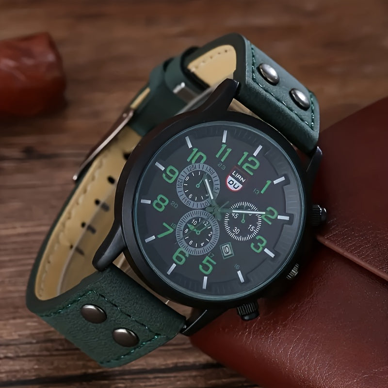 Men's Quartz Watch and Bracelets Set with Round Calendar Dial and Leather Straps