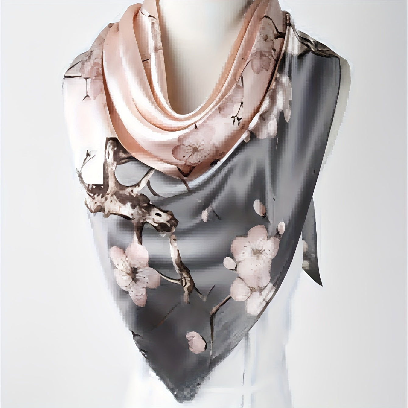 Women's Pink Floral Satin Scarf with Deer and Bird Print Lightweight Shawl for Casual Wear