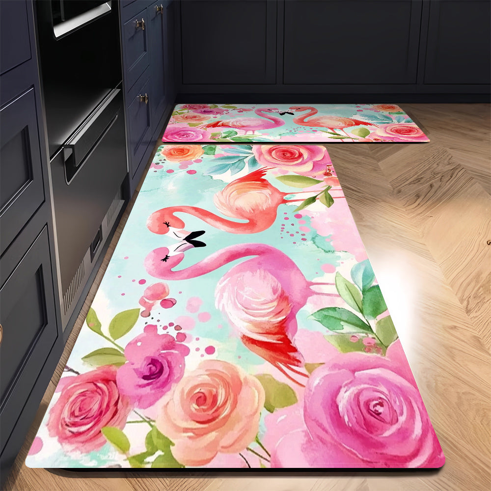Vibrant Flamingo Floral Anti-Slip Floor Mat 100% Polyester Washable Absorbent