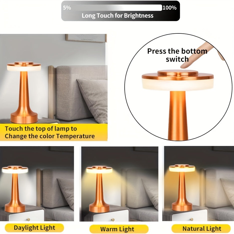 Golden LED Table Lamp Touch Control 3-Level Brightness Rechargeable Metal