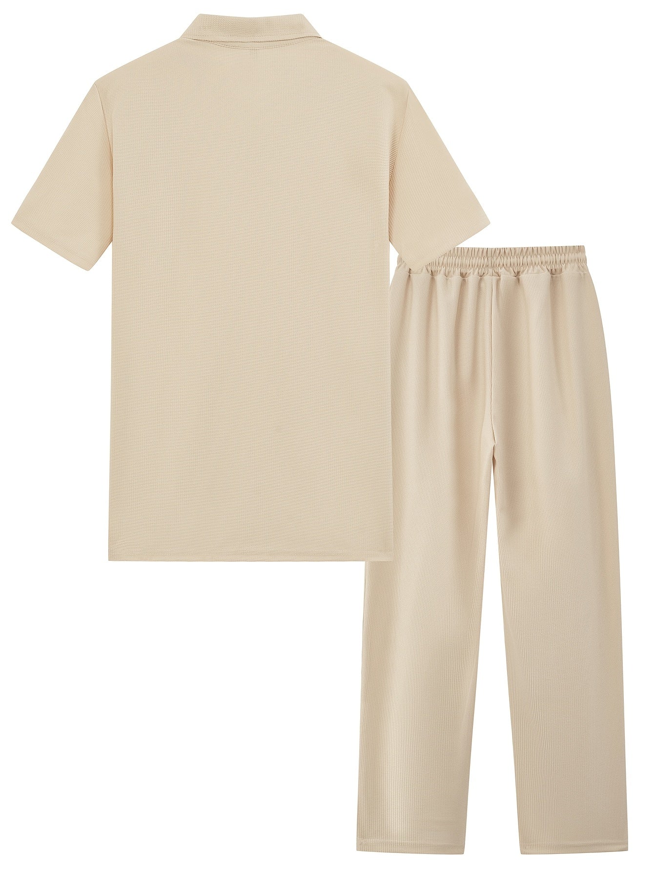 Men's Casual Outfit Waffle Knit Short Sleeve Zip-Up Shirt and Drawstring Pants Black Polyester Blend Summer