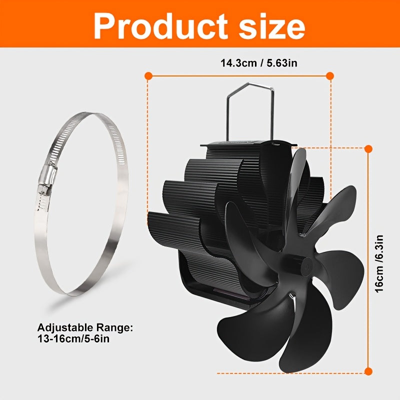 Wall Mounted Heat Powered Stove Fan Black Aluminum Alloy 6-Leaf Air Circulation