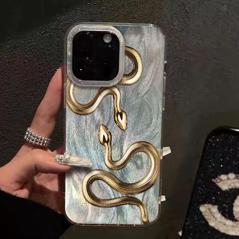 Transparent iPhone Case with Feather-Like Fabric and Gold Snake Design for 12-16 Pro Max