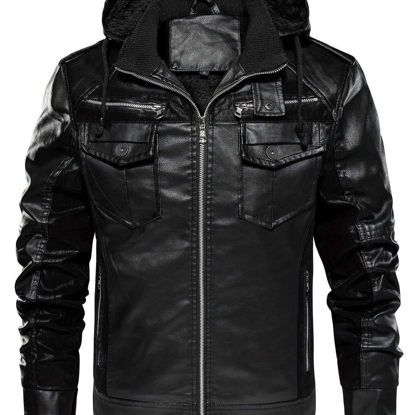 Erkaklar uchun shamoldan himoyalovchi va iliq PU kurtka, qo'shimcha fliys bilan, AQSh o'lchamida.