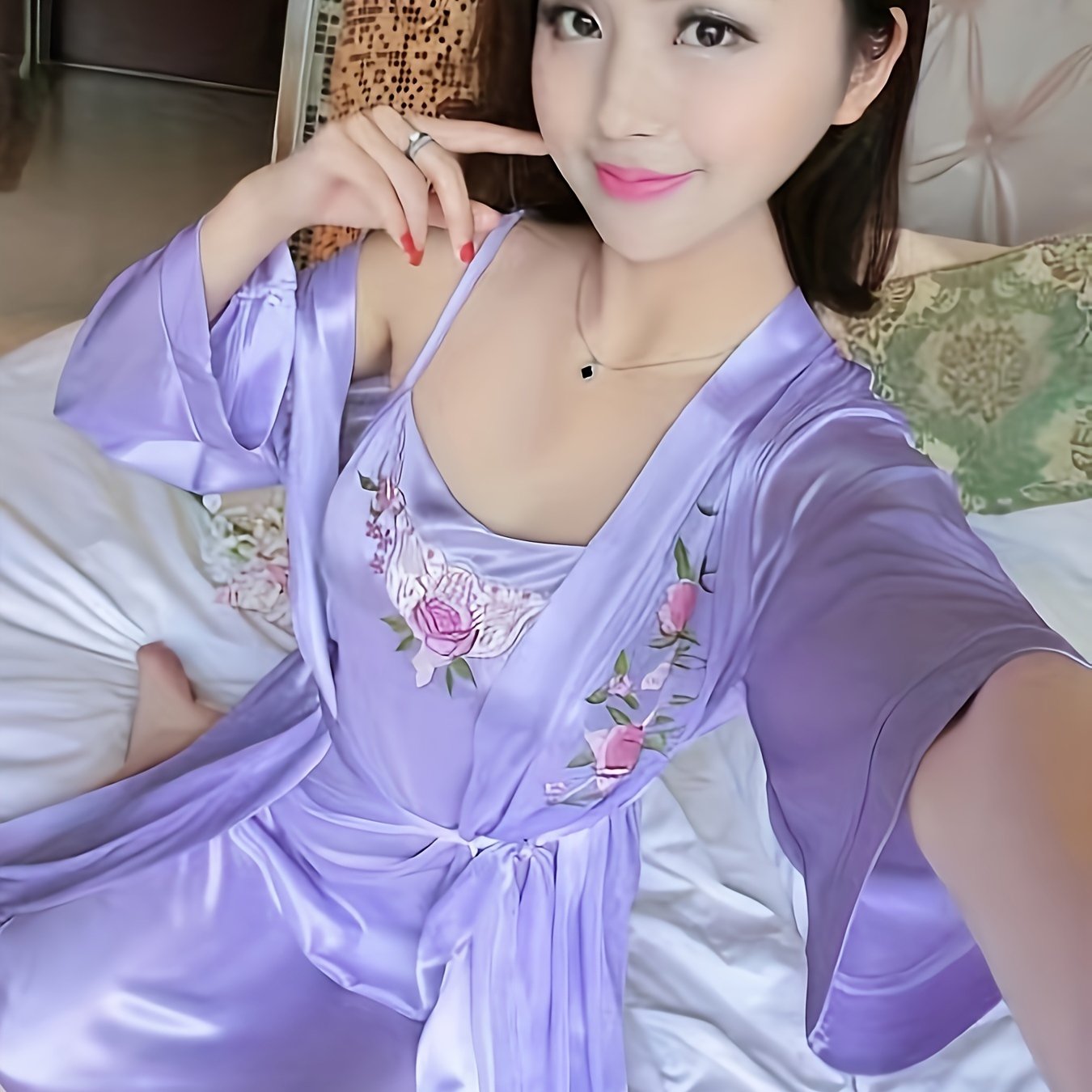 Women's Satin Nightgown Set with Suspenders and Embroidered Solid Color Pajama Sleepwear