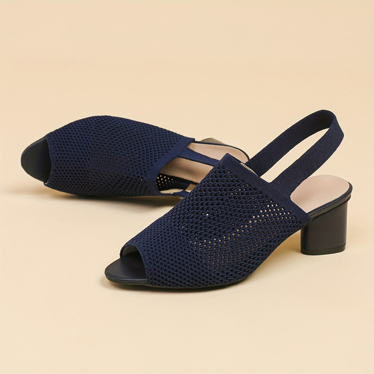 Women's Mesh Peep-Toe Chunky Heel Sandals Slip-On Elastic Ankle Strap Mid Heel