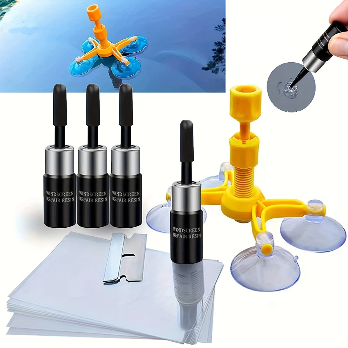 Avtomobil shisha oynasini ta'mirlash to'plami 4 dona Shisha yori va chippingni tuzatish suyuqligi Tezkor tuzatish