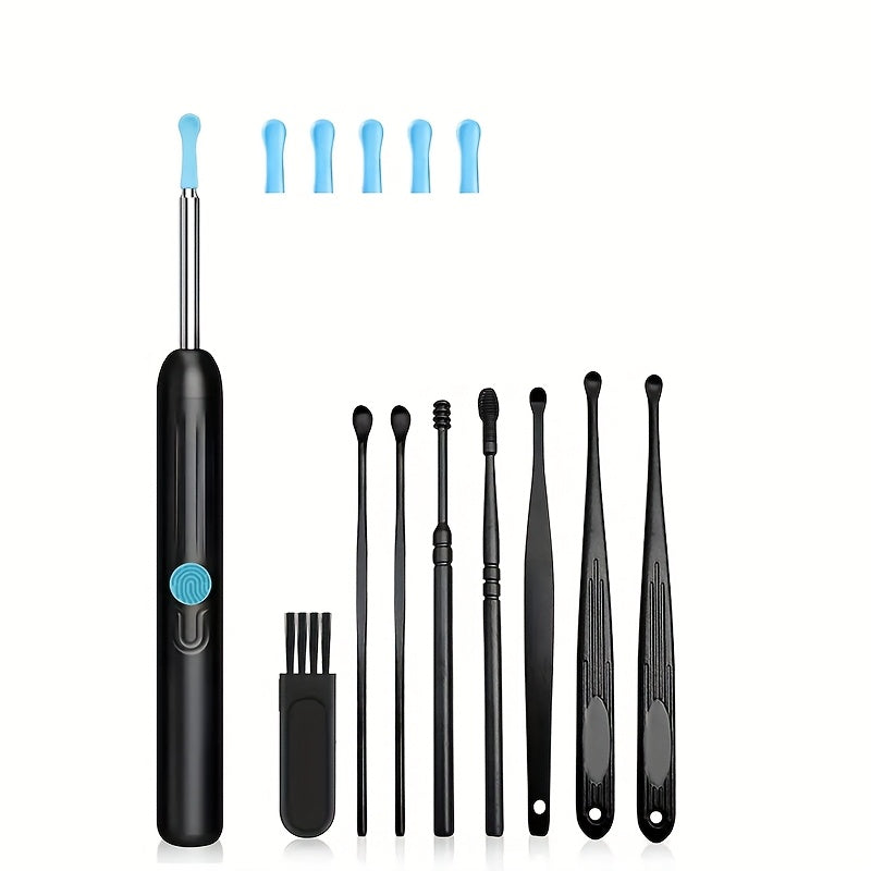 USB zaryadlash bilan qayta zaryadlanuvchi LED quloq mumini olib tashlash to'plami, vizual quloq tozalash vositasi, bir nechta ucliklar va tozalash cho'tkalari o'z ichiga oladi.