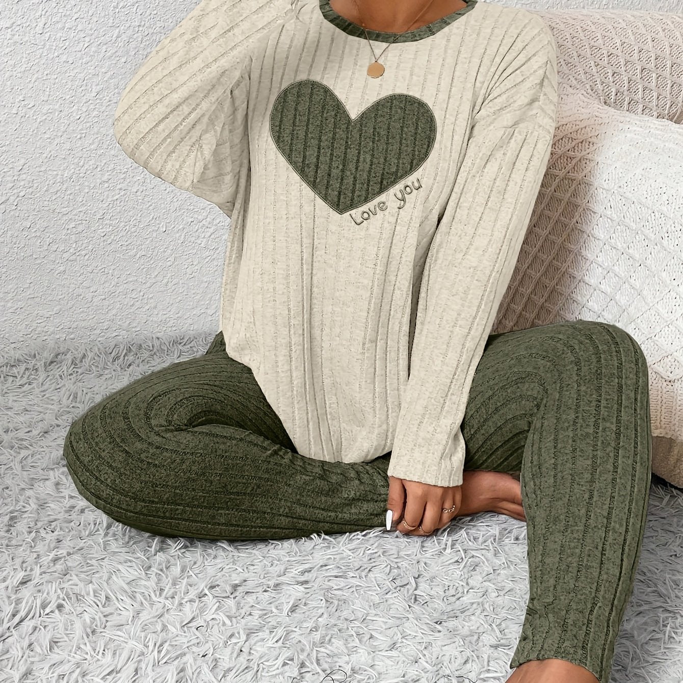Plus Size Heart Fitted Long Sleeve and Long Pants Loungewear Set