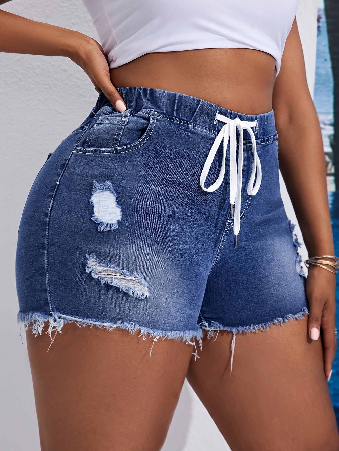 Ayollar uchun kengaytirilgan denim shortlar, yuqori bel, yirtilgan, kundalik, ko‘k