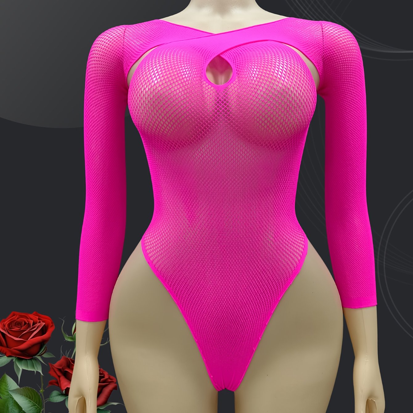 Women’s Elastic Mesh Long Sleeve Bodysuit Plus Size Sexy Lingerie